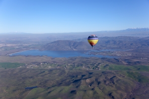 Nice photo of Hot Air Balloon Over Lake Skinner
