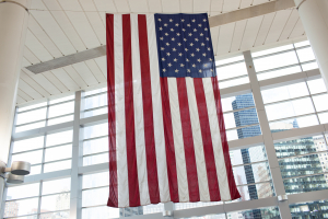 Nice photo of American flag hanging in the Staten Island Ferry building