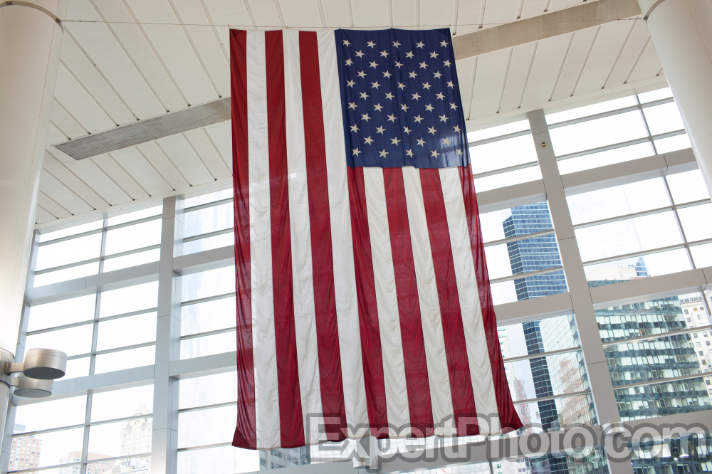 Nice photo of American flag hanging in the Staten Island Ferry building